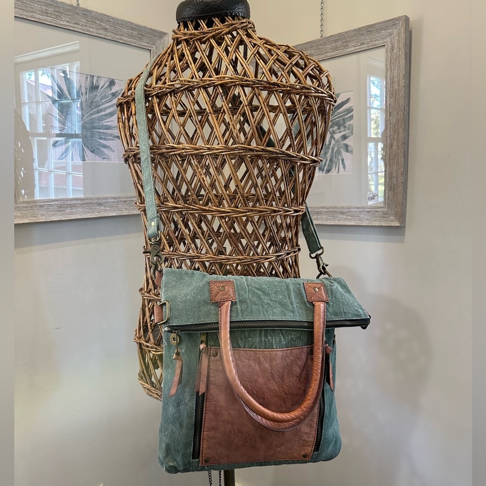 MONA B Fold-over Up-Cycled Canvas & Vegan Leather Tote Bag